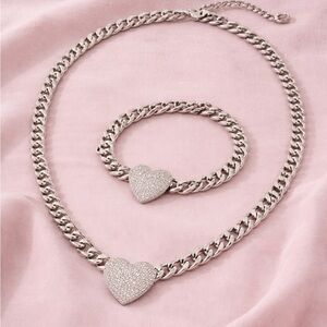 Heart Pavé Chain Necklace & Bracelet Set | 18” + 2” Extender, 7.5”